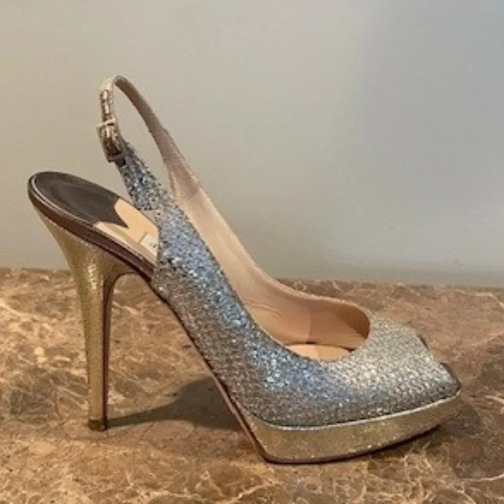 Jimmy Choo CLUE Champagne Platform PeepToe Slingback Heels – Sz 7.5